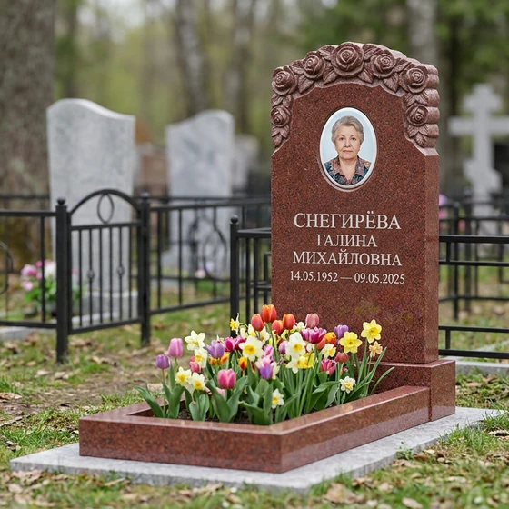 Памятник с гирляндой роз из лезниковского гранита