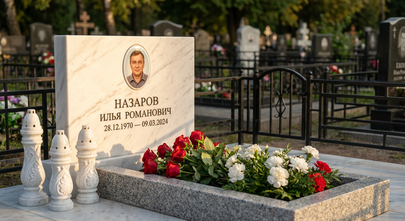 Пример дизайна: Мраморный памятник с тремя свечами и портретом