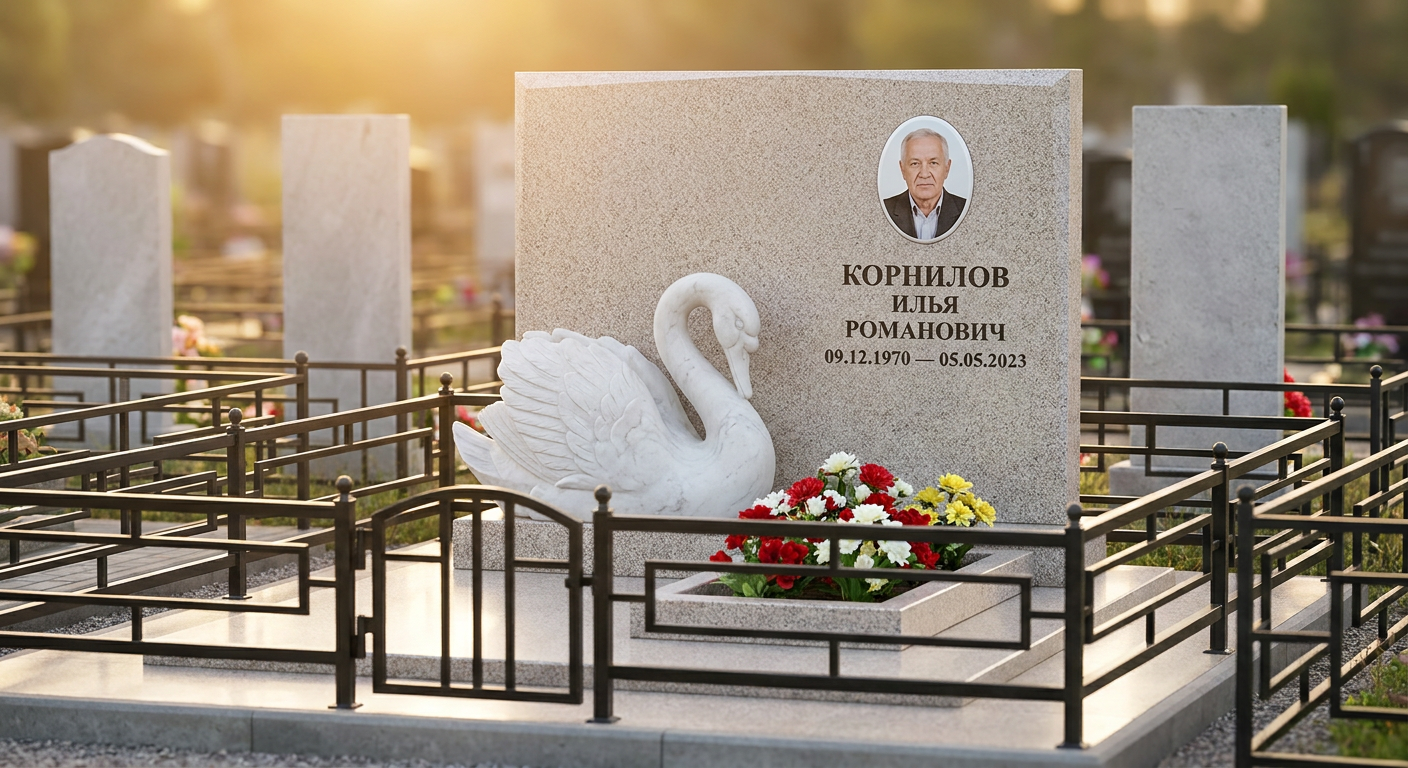 Пример дизайна: Памятник с лебедем из белого мрамора с овальным портретом