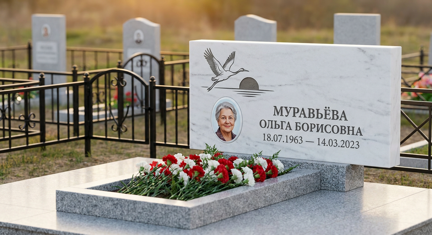 Пример дизайна: Памятник с клином журавлей из белого мрамора с фотокерамикой
