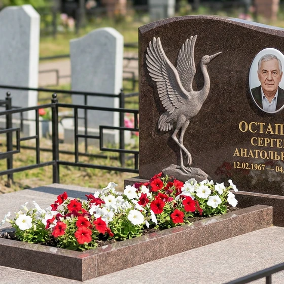Памятник с журавлями из дымовского гранита с портретом
