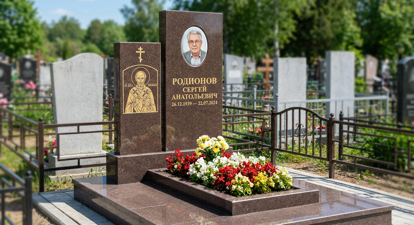 Пример дизайна: Гранитный памятник фигурный с гравировкой звезды и оградой — фото и цена