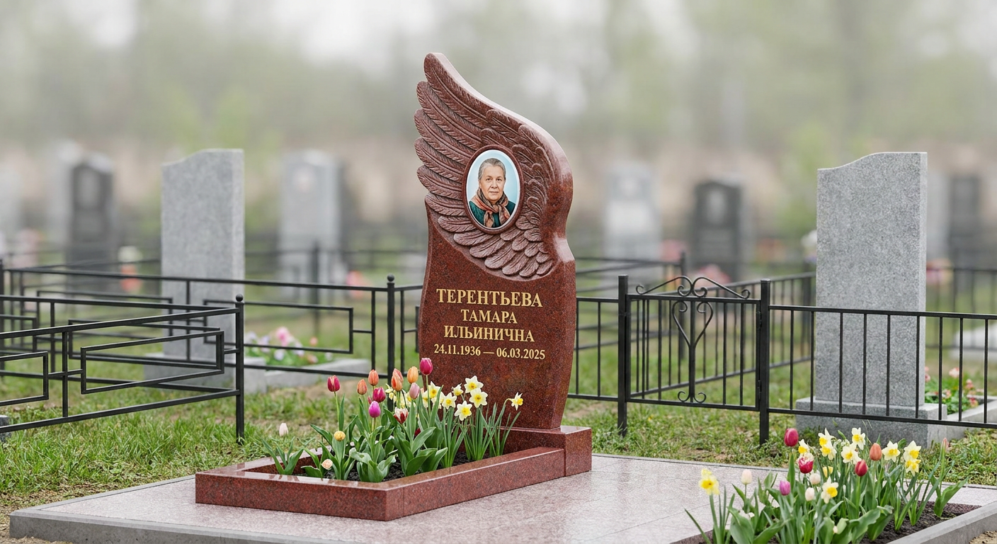 Пример дизайна: Комбинированный памятник из красного гранита с крестом — фото и цена