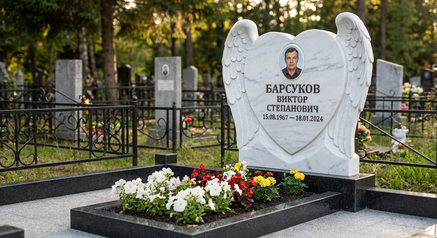 Пример дизайна: Комбинированный памятник фигурный с крестом и оградой шарами — фото и цена