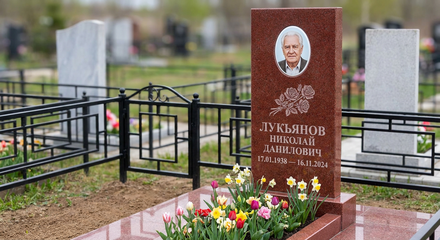 Пример дизайна: Комбинированный памятник фигурный с крестом, ограда с шарами — фото и цена