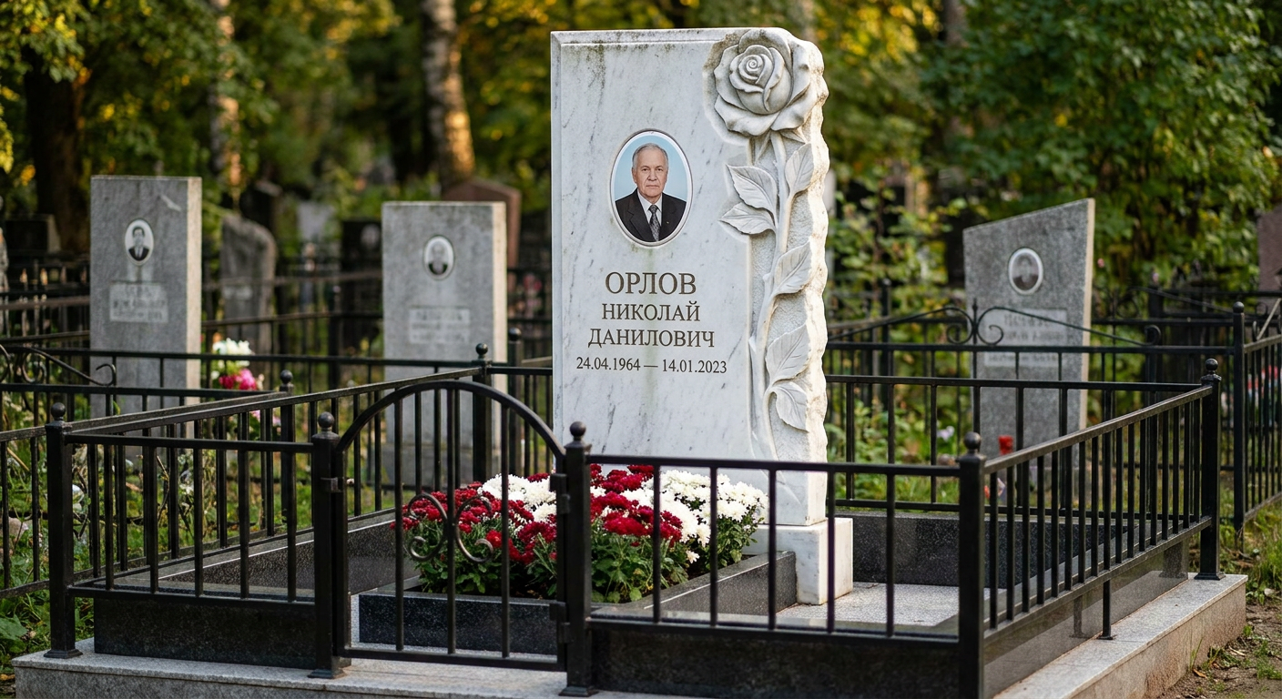 Пример дизайна: Памятник с розой из белого мрамора с фотопортретом