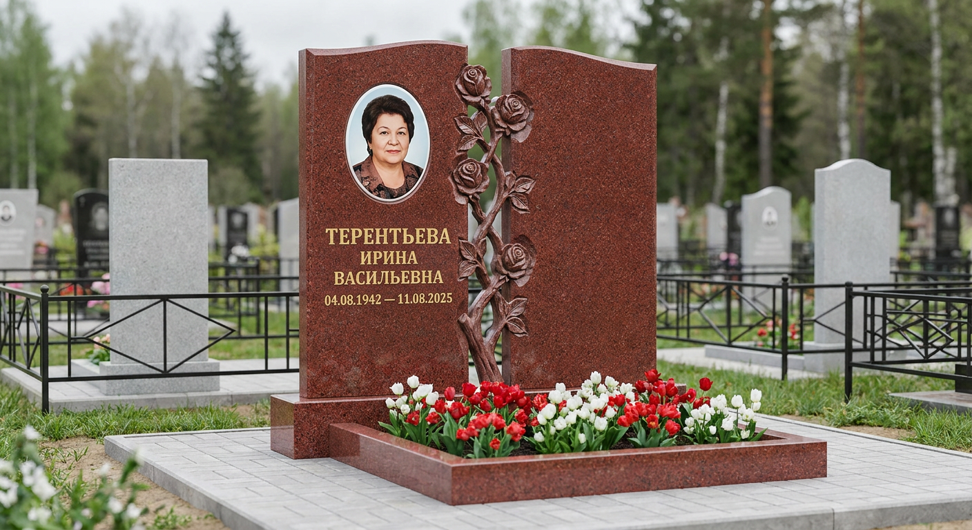 Пример дизайна: Памятник с розой из лезниковского гранита для двойного участка