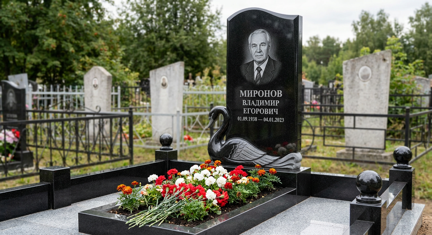 Пример дизайна: Памятник с лебедем из габбро-диабаза с портретом