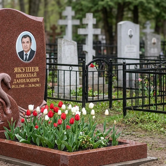 Памятник с лебедем из лезниковского гранита с фотопортретом