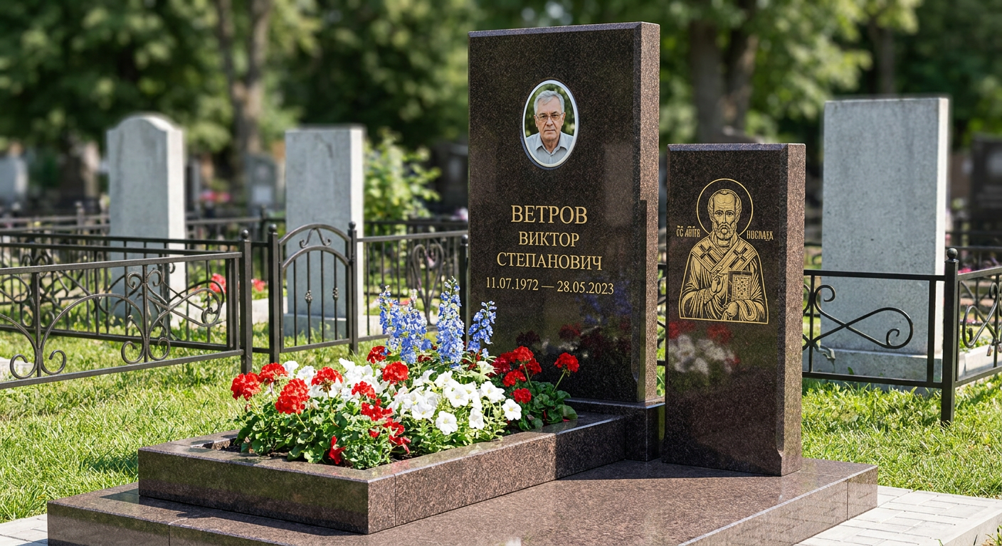 Пример дизайна: Памятник с иконой Николая Чудотворца из дымовского гранита с овальной фотокерамикой