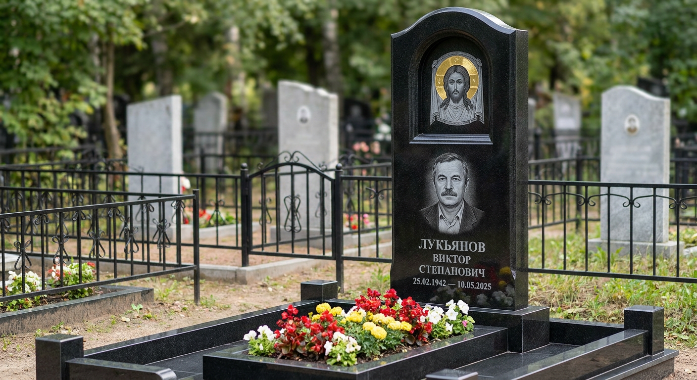 Пример дизайна: Памятник с иконой христа из габбро-диабаза с золотым нимбом