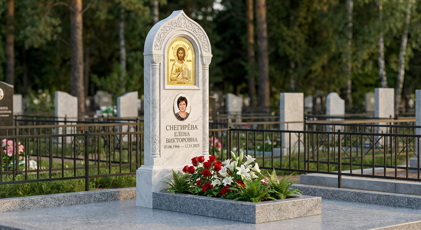 Пример дизайна: Памятник с иконой спасителя из белого мрамора с художественной резьбой