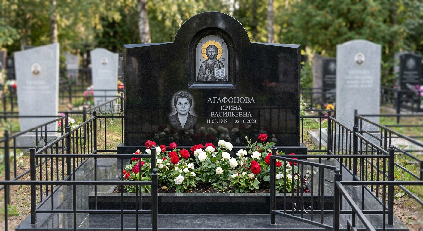 Пример дизайна: Памятник с иконой христа из черного габбро-диабаза с аркой и золоченым нимбом