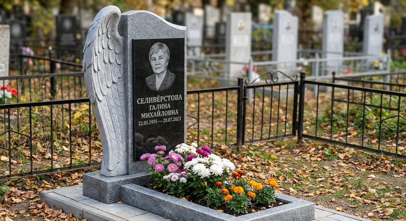 Пример дизайна: памятник с крылом ангела из серого гранита с портретом