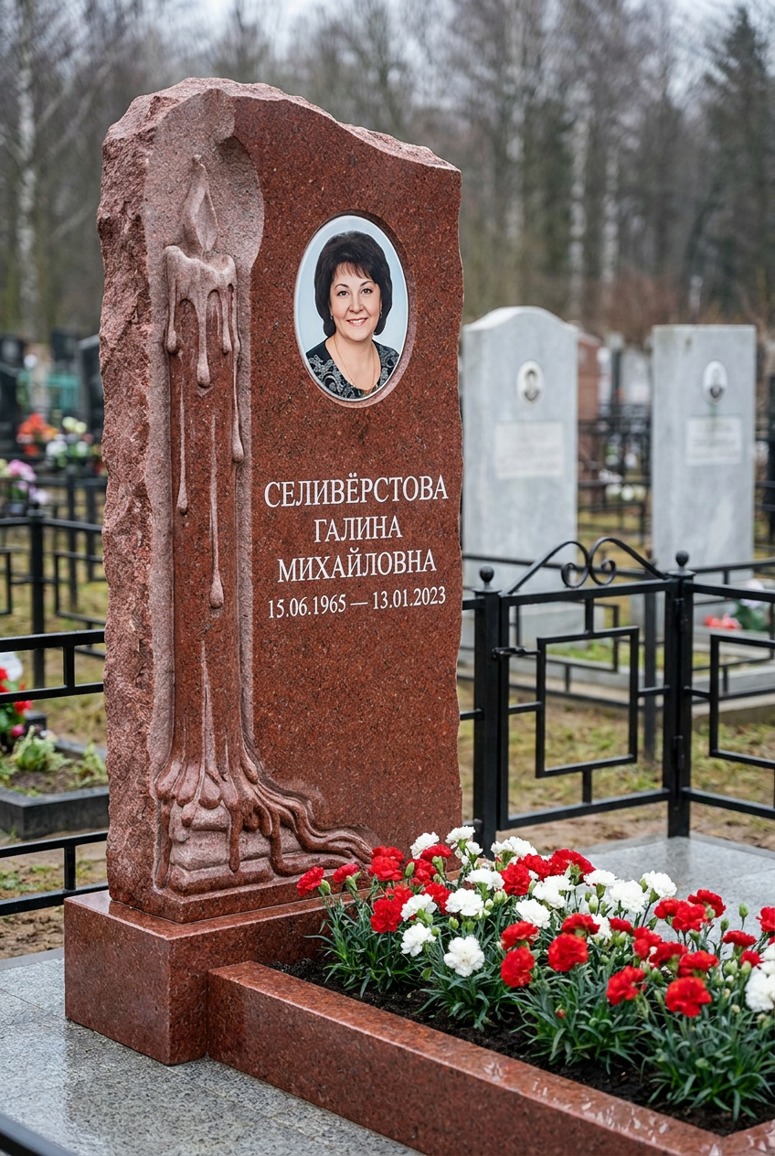 Пример дизайна: памятник с пламенем свечи из красного гранита с портретом