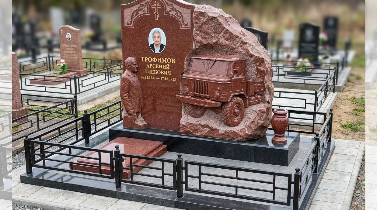 Пример дизайна: Комбинированный памятник с резной машиной и крестом — фото и цена