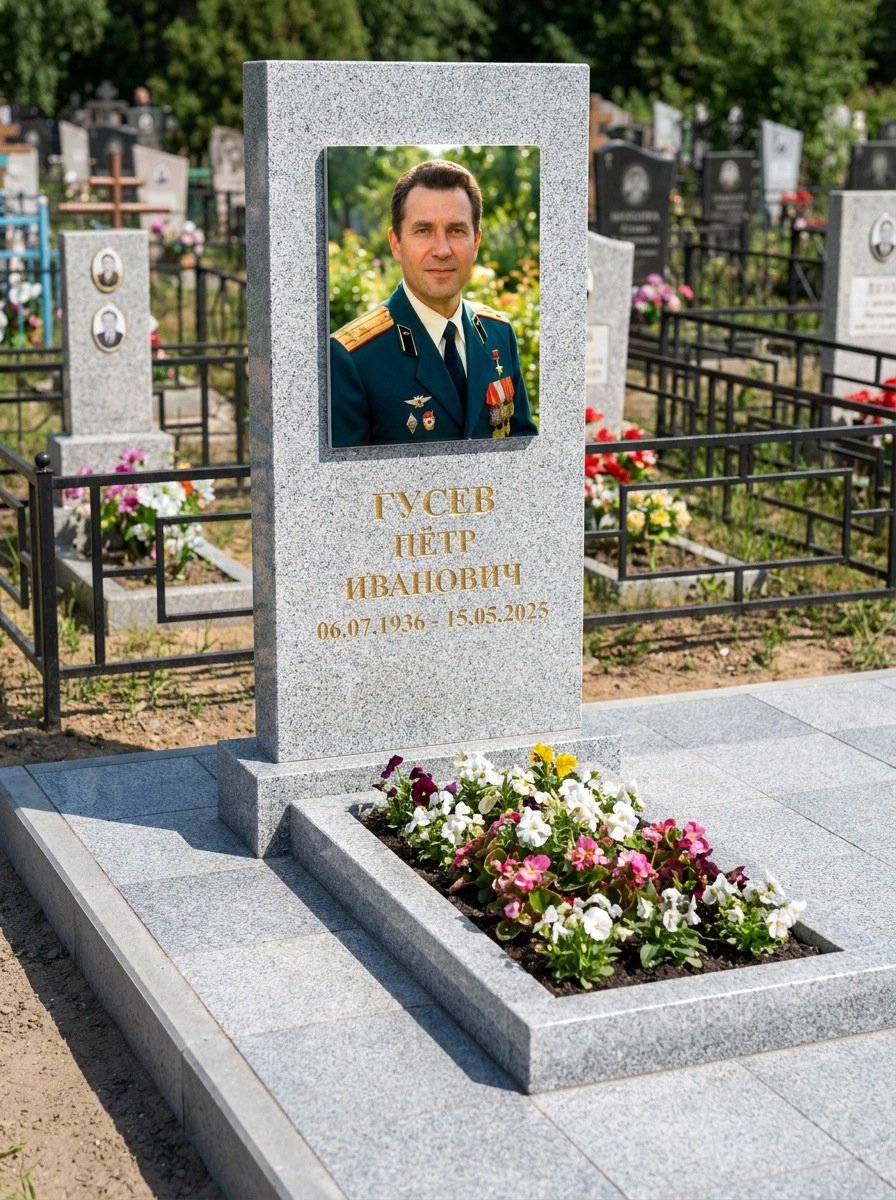 Портрет на памятнике в Альметьевске — Прямоугольник на гранитной стеле, ФИО и даты на портрете
